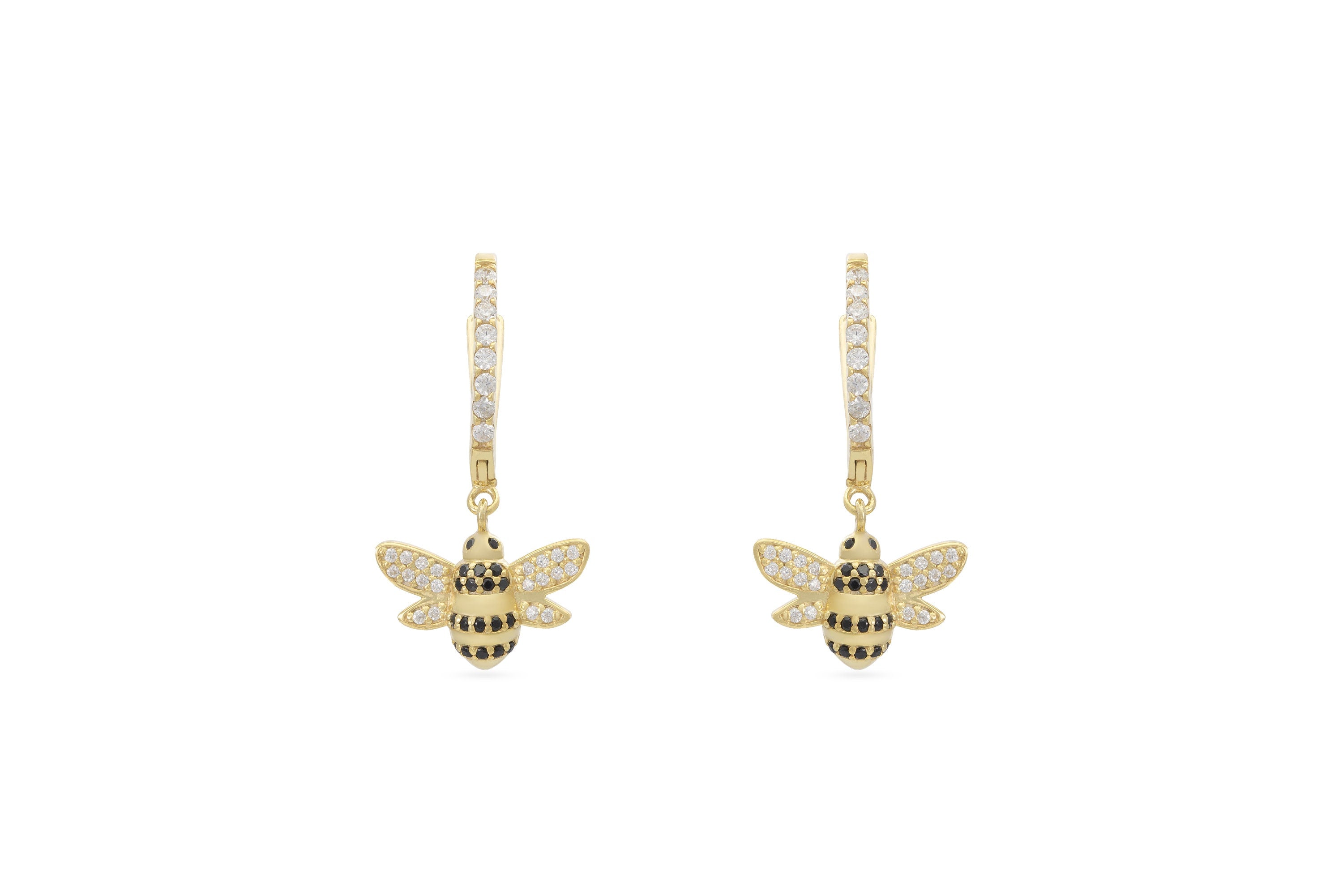 Honey Bee Hoop Earrings, 18K Gold Black Diamond Hoop Earrings, Dangle Hoop Earrings, Bridesmaid Gift, Animal Hoops